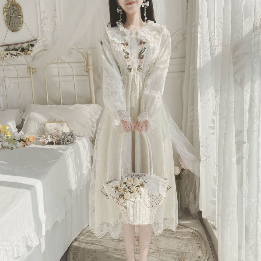 Long-Sleeve Collared Flower Embroidered Lace Trim Midi A-Line Dress