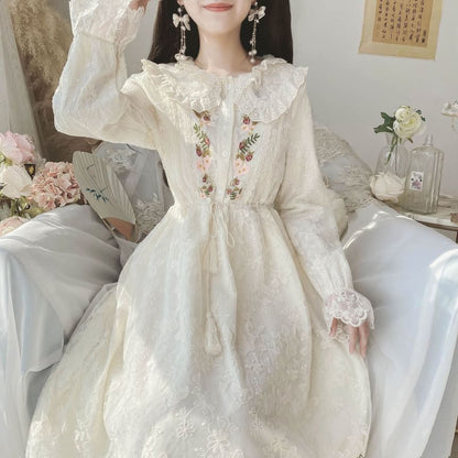 Long-Sleeve Collared Flower Embroidered Lace Trim Midi A-Line Dress