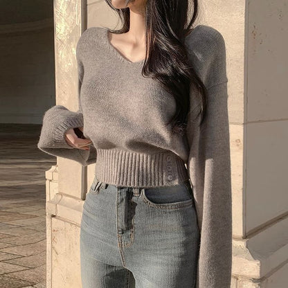 V-Neck Plain Cropped Sweater