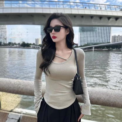 Long-Sleeve Scoop Neck Plain Asymmetrical T-Shirt