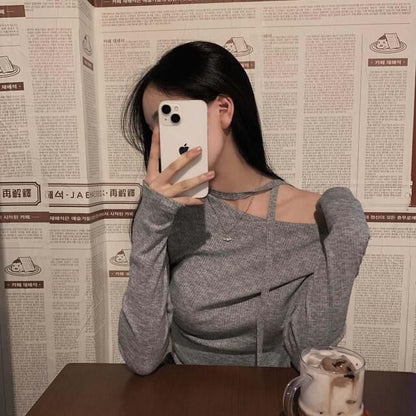 Long-Sleeve Off Shoulder Plain Knit Top