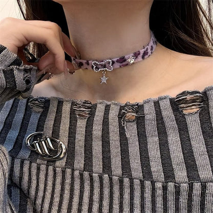 Faux Bow Leopard Print Pearl Droplet Choker Pendant