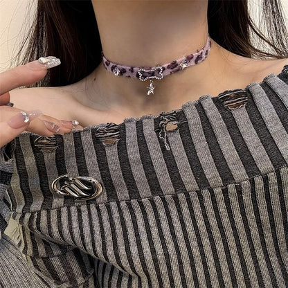 Faux Bow Leopard Print Pearl Droplet Choker Pendant