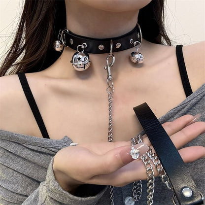 Leather Leash Choker Bell / Faux