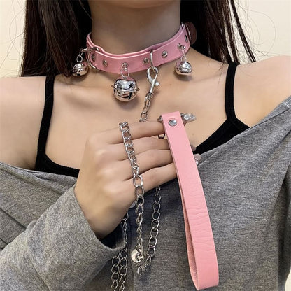 Leather Leash Choker Bell / Faux
