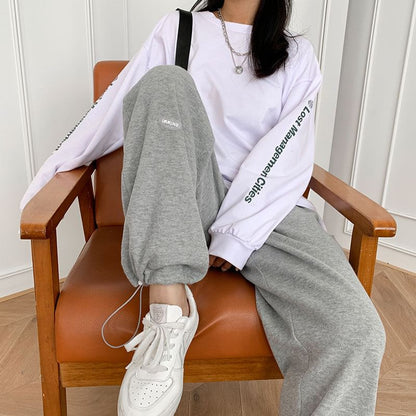 High Waist Plain Straight-Fit Wide-Leg Sweatpants