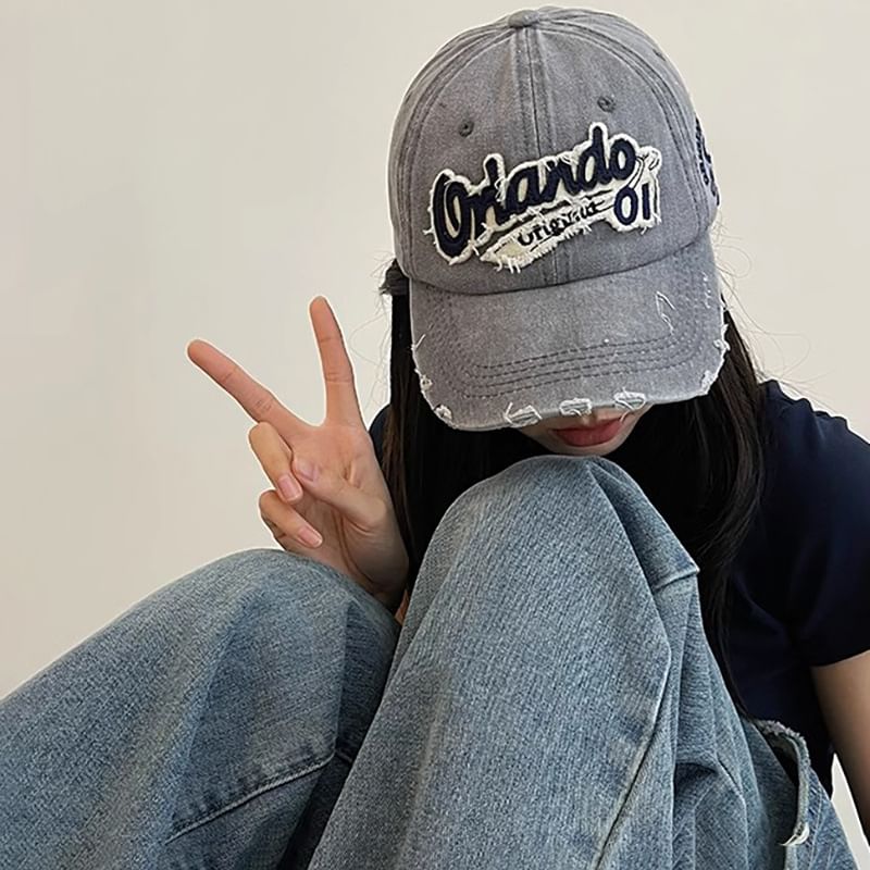 Distressed Lettering Cap Applique Baseball