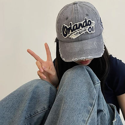 Distressed Lettering Cap Applique Baseball