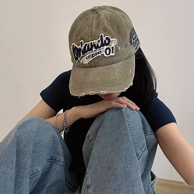 Distressed Lettering Cap Applique Baseball