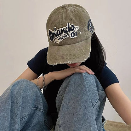 Distressed Lettering Cap Applique Baseball