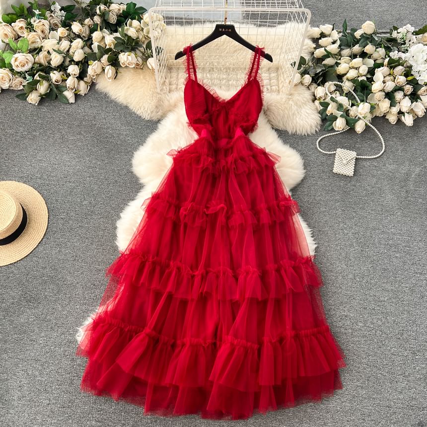 Spaghetti Strap V-Neck Frill Trim Tiered Open Back Mesh A-Line Gown