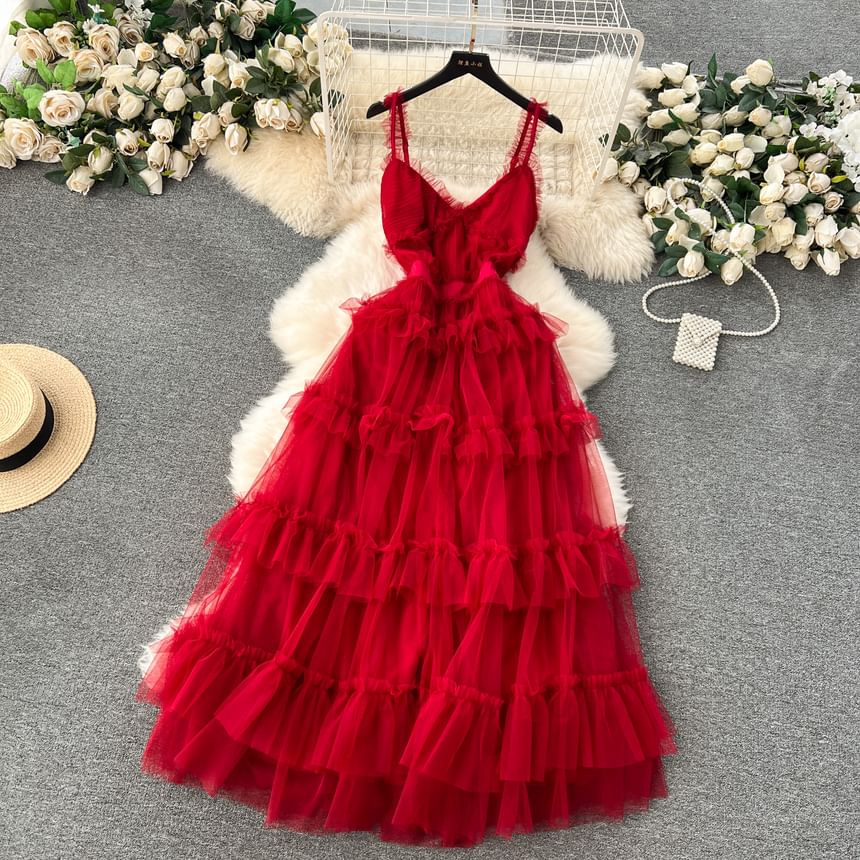 Spaghetti Strap V-Neck Frill Trim Tiered Open Back Mesh A-Line Gown