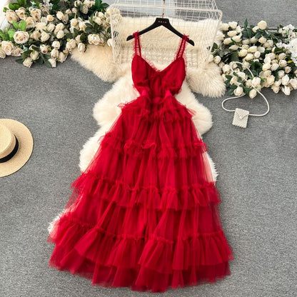 Spaghetti Strap V-Neck Frill Trim Tiered Open Back Mesh A-Line Gown