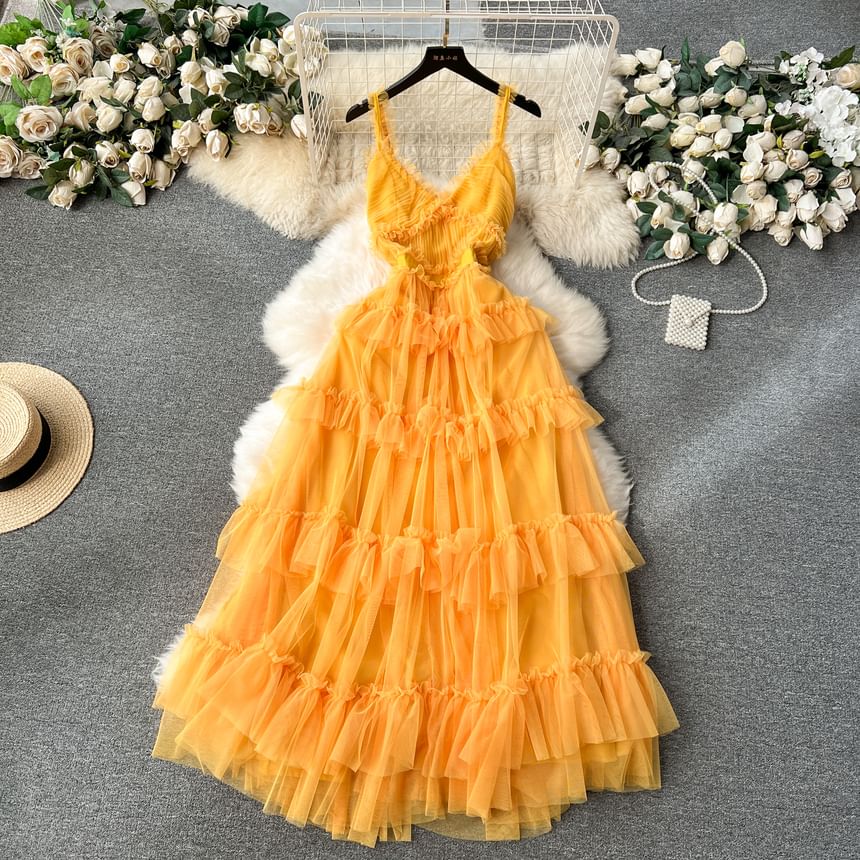 Spaghetti Strap V-Neck Frill Trim Tiered Open Back Mesh A-Line Gown