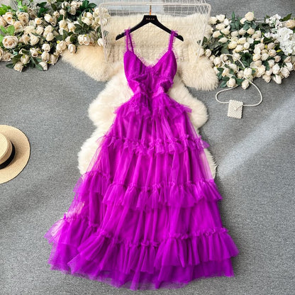Spaghetti Strap V-Neck Frill Trim Tiered Open Back Mesh A-Line Gown