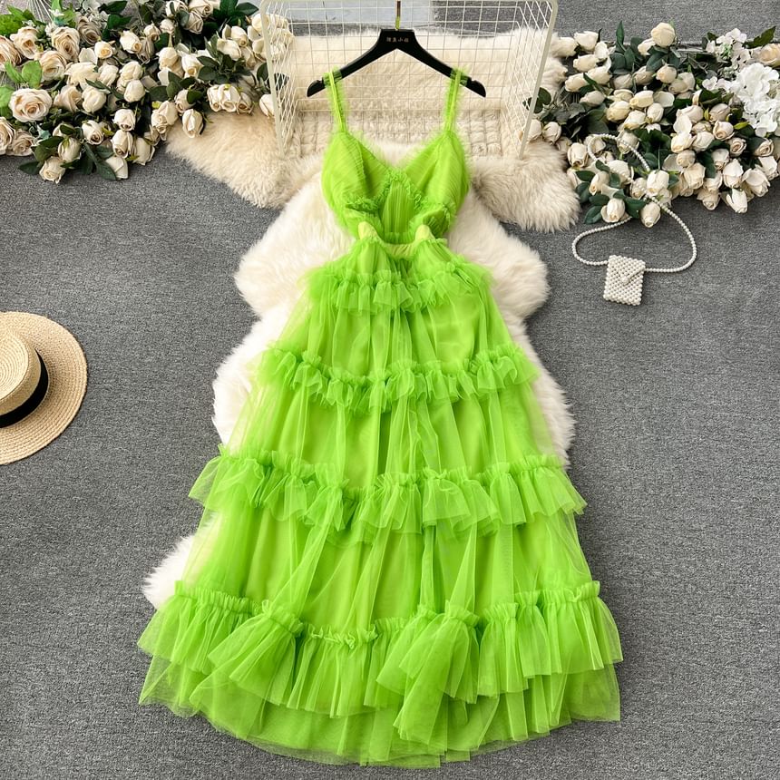 Spaghetti Strap V-Neck Frill Trim Tiered Open Back Mesh A-Line Gown