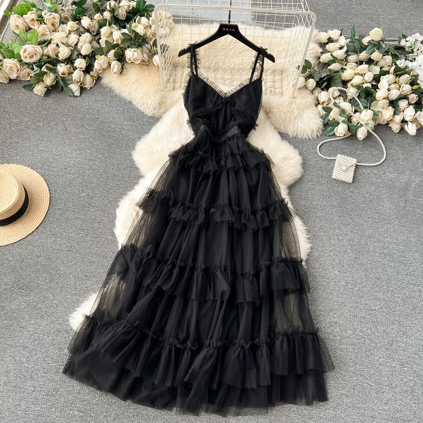 Spaghetti Strap V-Neck Frill Trim Tiered Open Back Mesh A-Line Gown