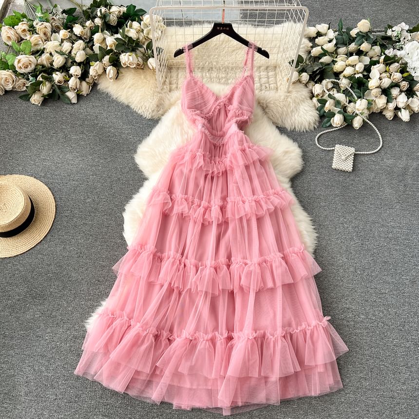 Spaghetti Strap V-Neck Frill Trim Tiered Open Back Mesh A-Line Gown