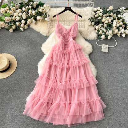 Spaghetti Strap V-Neck Frill Trim Tiered Open Back Mesh A-Line Gown