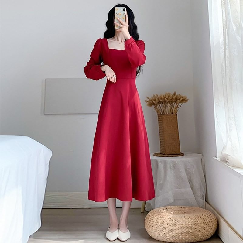 A-Line Midi Plain Square Neck Dress Long-Sleeve
