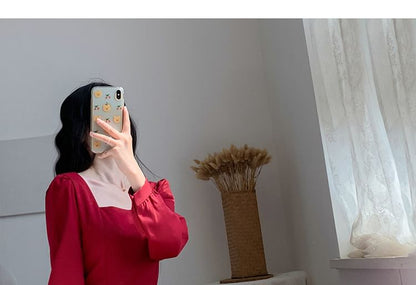 A-Line Midi Plain Square Neck Dress Long-Sleeve