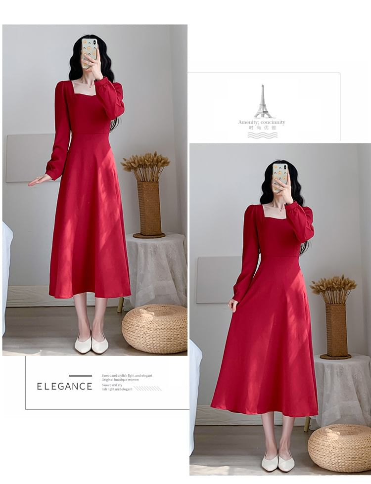 A-Line Midi Plain Square Neck Dress Long-Sleeve