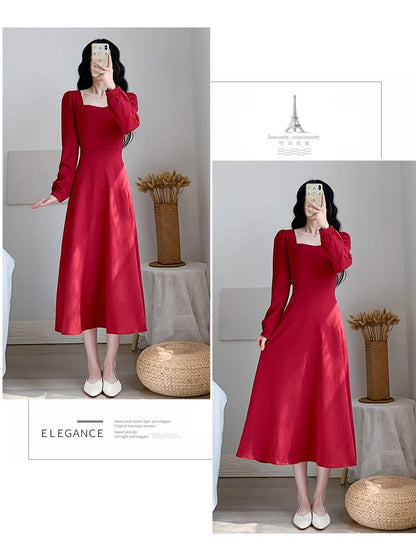 A-Line Midi Plain Square Neck Dress Long-Sleeve