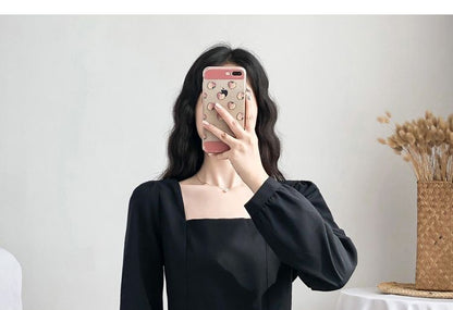 A-Line Midi Plain Square Neck Dress Long-Sleeve