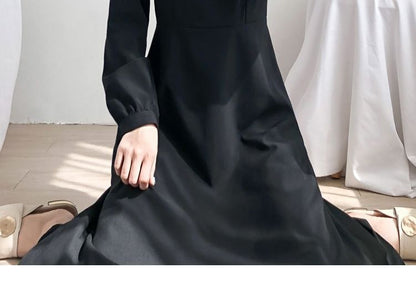 A-Line Midi Plain Square Neck Dress Long-Sleeve