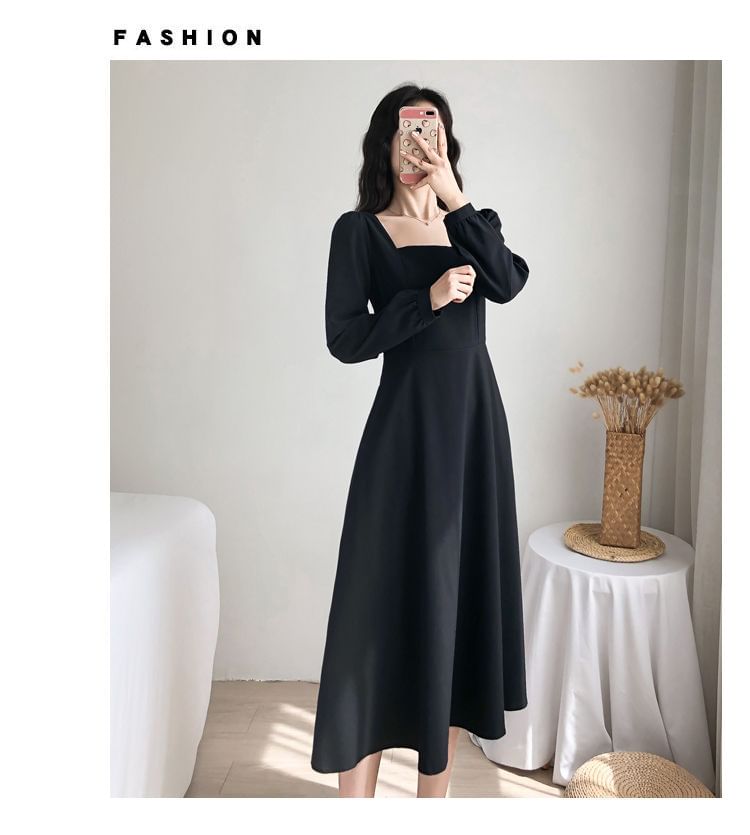 A-Line Midi Plain Square Neck Dress Long-Sleeve
