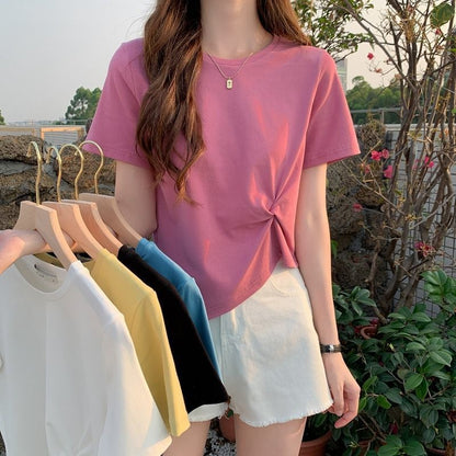 T-Shirt Ruched Neck Asymmetrical Crew Plain Crop Short-Sleeve