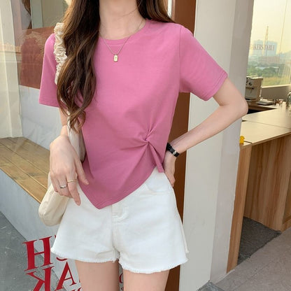 T-Shirt Ruched Neck Asymmetrical Crew Plain Crop Short-Sleeve