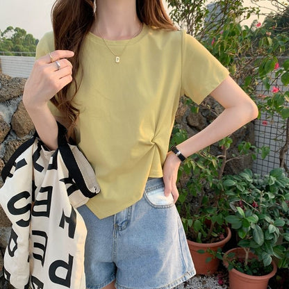 T-Shirt Ruched Neck Asymmetrical Crew Plain Crop Short-Sleeve