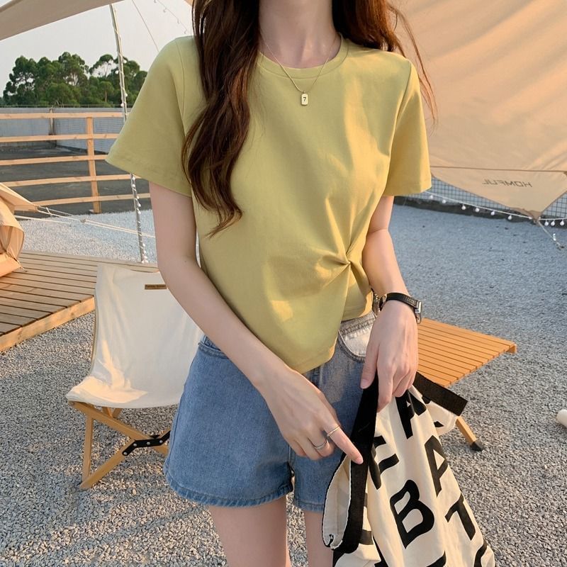 T-Shirt Ruched Neck Asymmetrical Crew Plain Crop Short-Sleeve