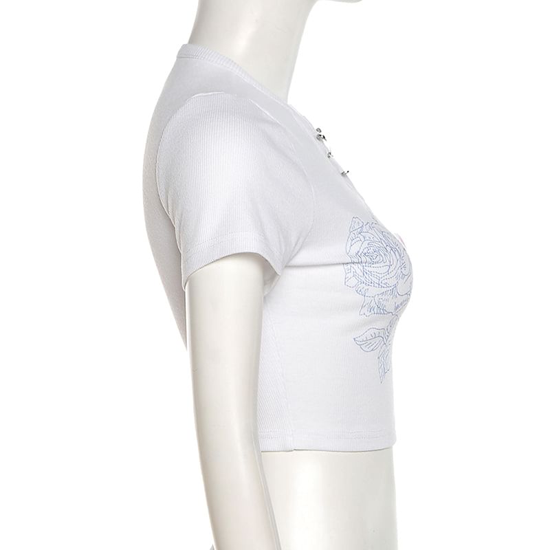 Short-Sleeve Accent Ribbed T-Shirt Pin Neck Fit Notch Print Floral Crop Slim Safety