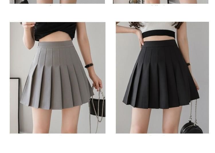 High Waist Plain Pleated Mini A-Line Skirt