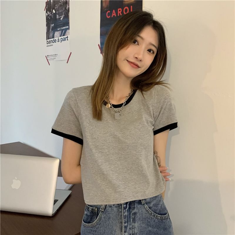 T-Shirt Trim Crew Short-Sleeve Neck Crop Contrast