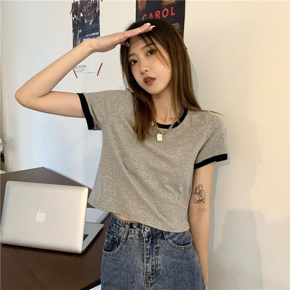 T-Shirt Trim Crew Short-Sleeve Neck Crop Contrast