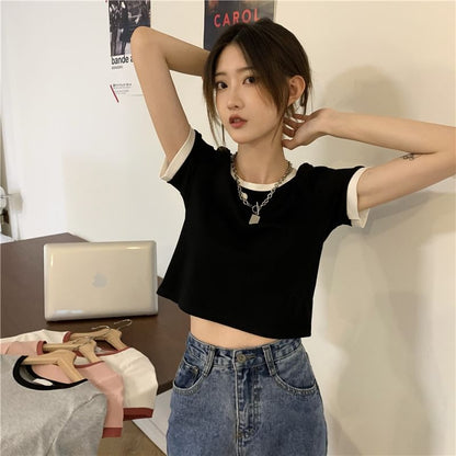 T-Shirt Trim Crew Short-Sleeve Neck Crop Contrast