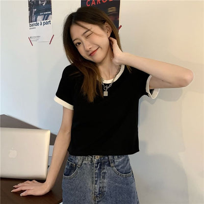 T-Shirt Trim Crew Short-Sleeve Neck Crop Contrast