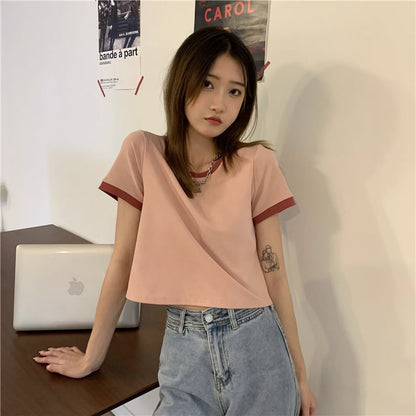 T-Shirt Trim Crew Short-Sleeve Neck Crop Contrast