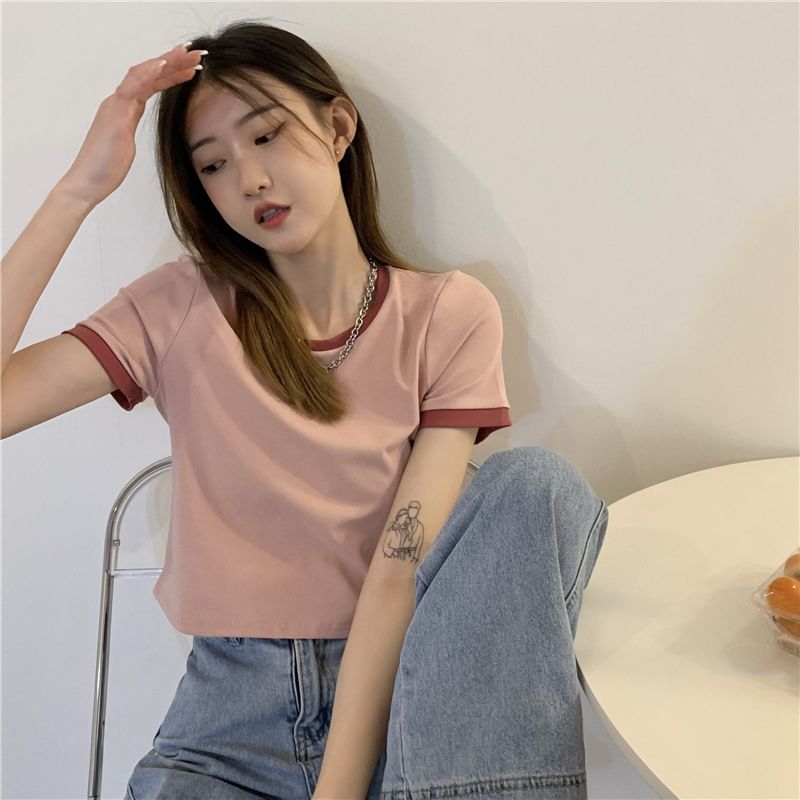 T-Shirt Trim Crew Short-Sleeve Neck Crop Contrast