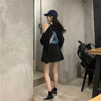 3/4-Sleeve Print Cold Lettering Shoulder T-Shirt Neck Crew