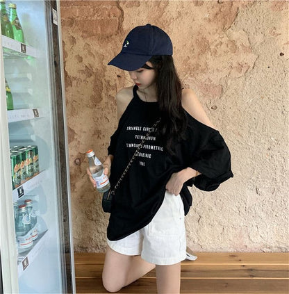 3/4-Sleeve Print Cold Lettering Shoulder T-Shirt Neck Crew