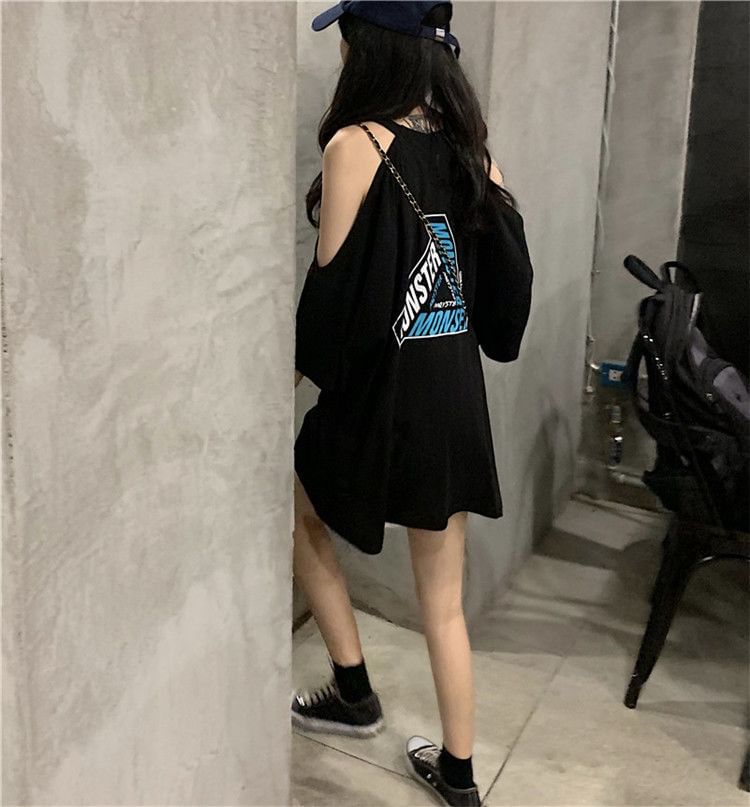 3/4-Sleeve Print Cold Lettering Shoulder T-Shirt Neck Crew