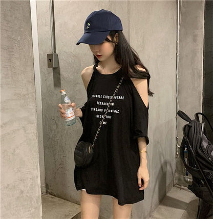 3/4-Sleeve Print Cold Lettering Shoulder T-Shirt Neck Crew