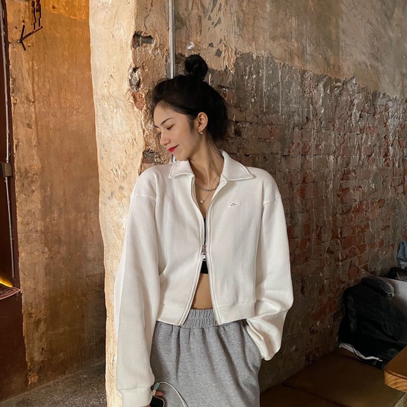 Collared Zip-Up Plain Applique Jacket Waffle Crop