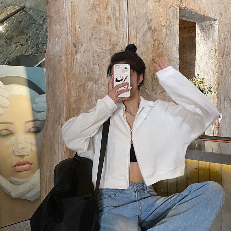 Collared Zip-Up Plain Applique Jacket Waffle Crop