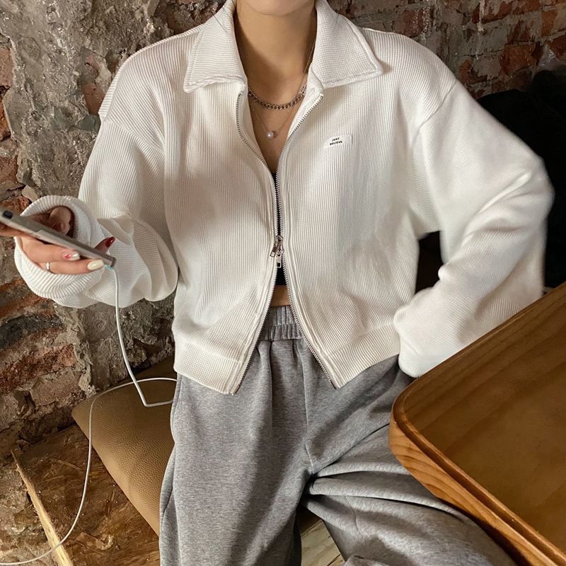 Collared Zip-Up Plain Applique Jacket Waffle Crop