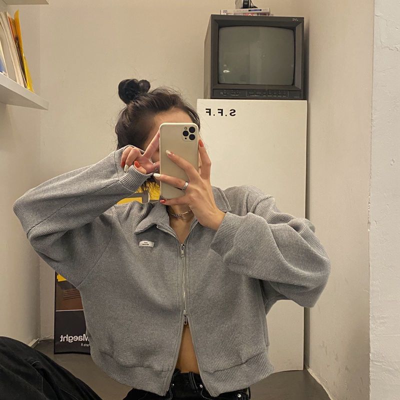 Collared Zip-Up Plain Applique Jacket Waffle Crop